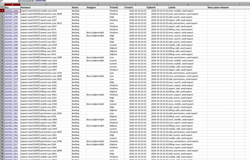 Formatted Excel file from a Haulcopy export, with issue keys and a header row.